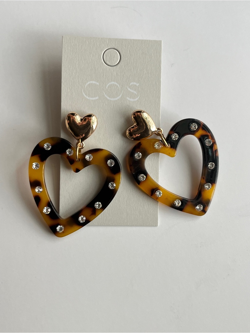 COS Tortoiseshell Heart Drop Earrings with Gold Tops and Crystal Studs
